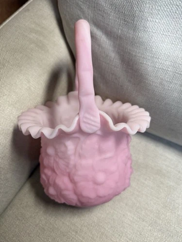 Fenton Rose Pink Satin Glass Poppy Basket Vintage 2 Tone 1970s, Unsigned