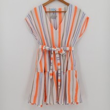 Boho Striped Tiered Mini Dress Womens Size XS Orange Blue Euro Summer Belted NWT