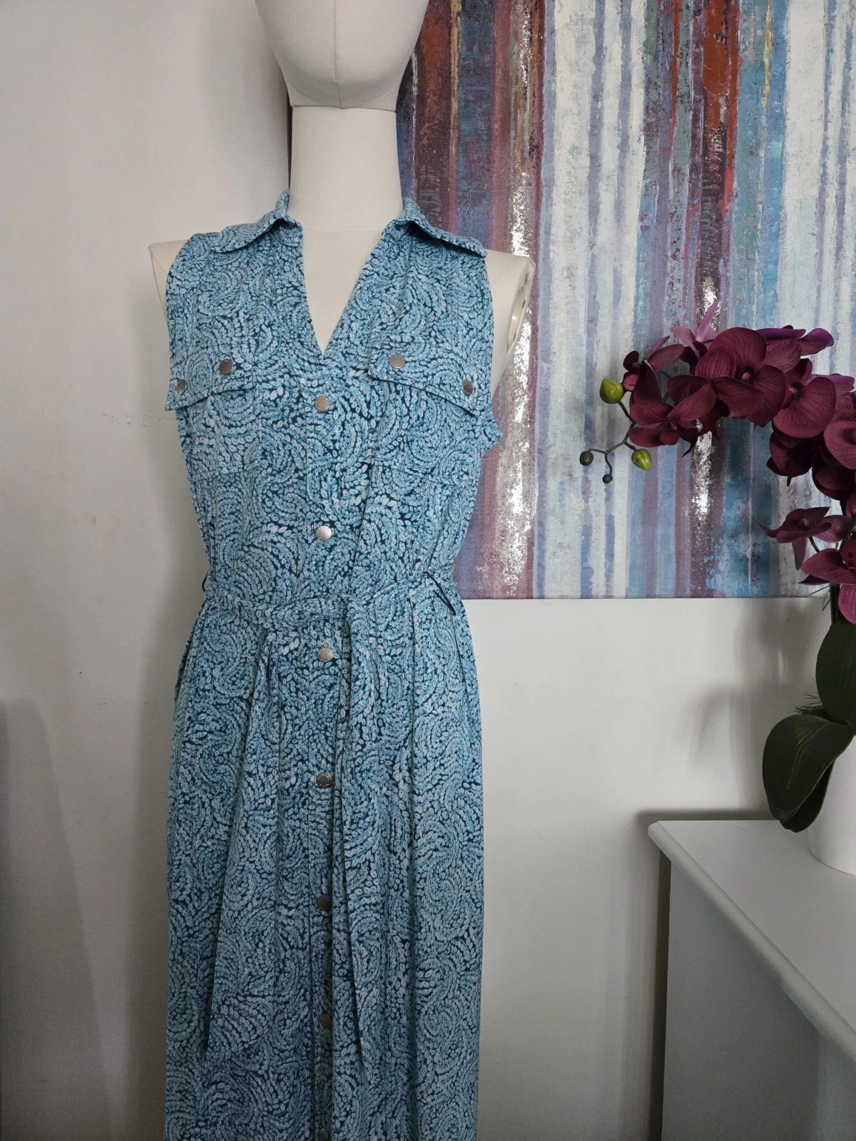 Maxi camicia donna Michael Kors stampa turchese con cintura senza maniche tasche