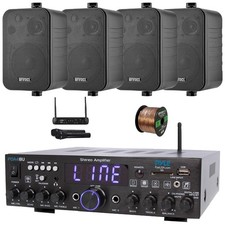 Pyle PDA4BU Bluetooth Receiver, 4x 4" 30W Black Speaker, Microphone System, Wire
