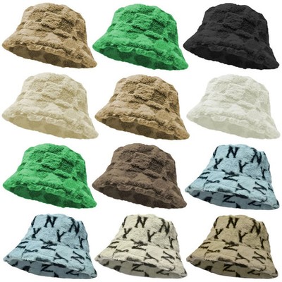 Women's Faux Fur Lining Plush Fluffy Bucket Hat Winter Warm Cozy Checked Caps