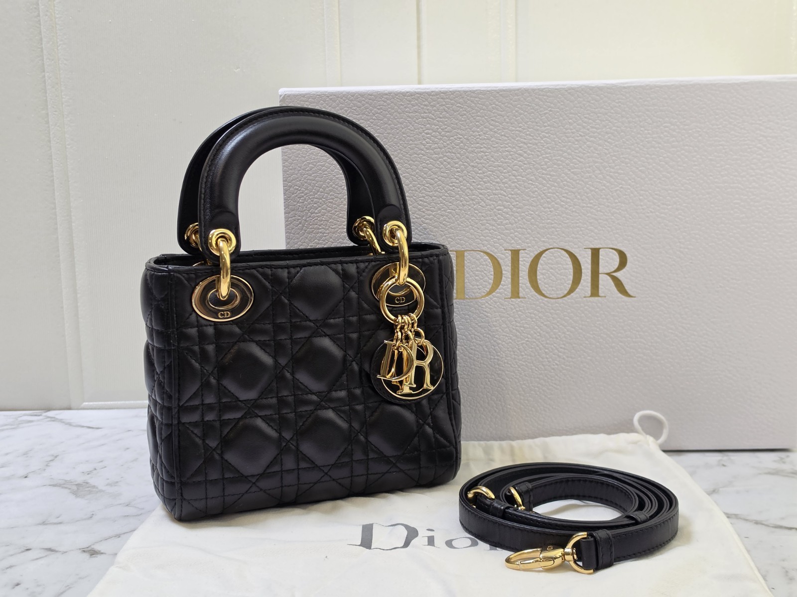 Authentic Dior Lady Dior Mini Black Cannage Leather Bag Gold Hardware 