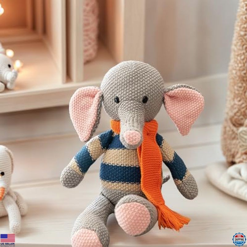 Cute 13.4" Knitted Elephant Plush Toy, Soft Grey Stuffed Animal, Huggable Gift