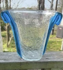 Blenko ? Crackle Glass  Vase Applied Blue Handles 8”