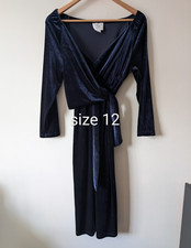 Seraphine Luxe Maternity Navy Velvet Wrap Dress V-Neck Tie Waist Midi UK 12