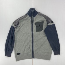 DISSIDENT Jumper Large Grey Full Zip Jumper Mens Knit Mock Neck Pocket