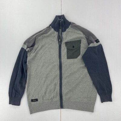 DISSIDENT Jumper Large Grey Full Zip Jumper Mens Knit Mock Neck Pocket