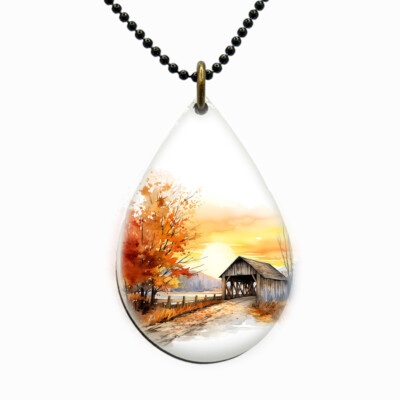 Country Skies Autumn Wooden Bridge Necklace Teardrop Fall Thanksgiving Jewelry
