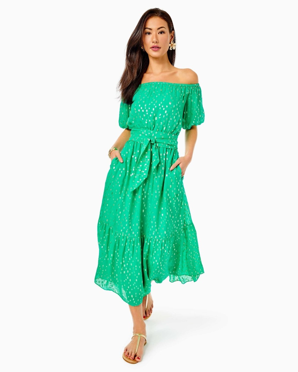lilly pulitzer tamie off the shoulder dress NEW Lilly Pulitzer Tamie Off The Shoulder Midi Dress Botanical Green  Metallic S