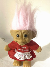 NOS Vintage Russ Berrie Troll 5" Pink Hair "You're Very Special" Red Dress Apron