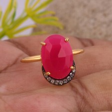 Crescent Moon Rings In Pink Chalcedony And Cubic Zirconia Gold Plated Ring