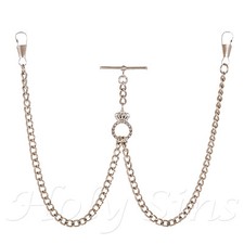 Nuovo Color Argento Doppio Albert Orologio da Tasca Catena Con Anello Corona