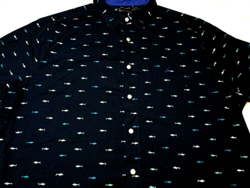 Nautica Mens Button Front Short Sleeve Cotton Shark Logo Shirt 2XL XX XXL - Afbeelding 1 van 4