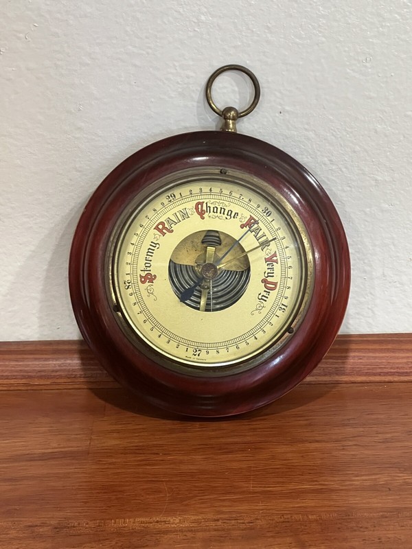Barometer Made in Germany Wood Mounted With Brass Red Working Condition