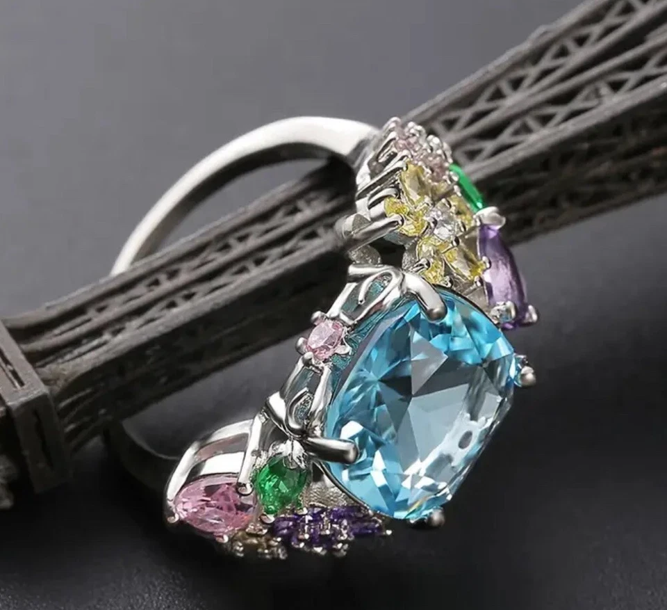 Silver Plated Blue Topaz Simulated Women’s Flower Cluster Ring Size 7 4️⃣ - Image 4 of 4