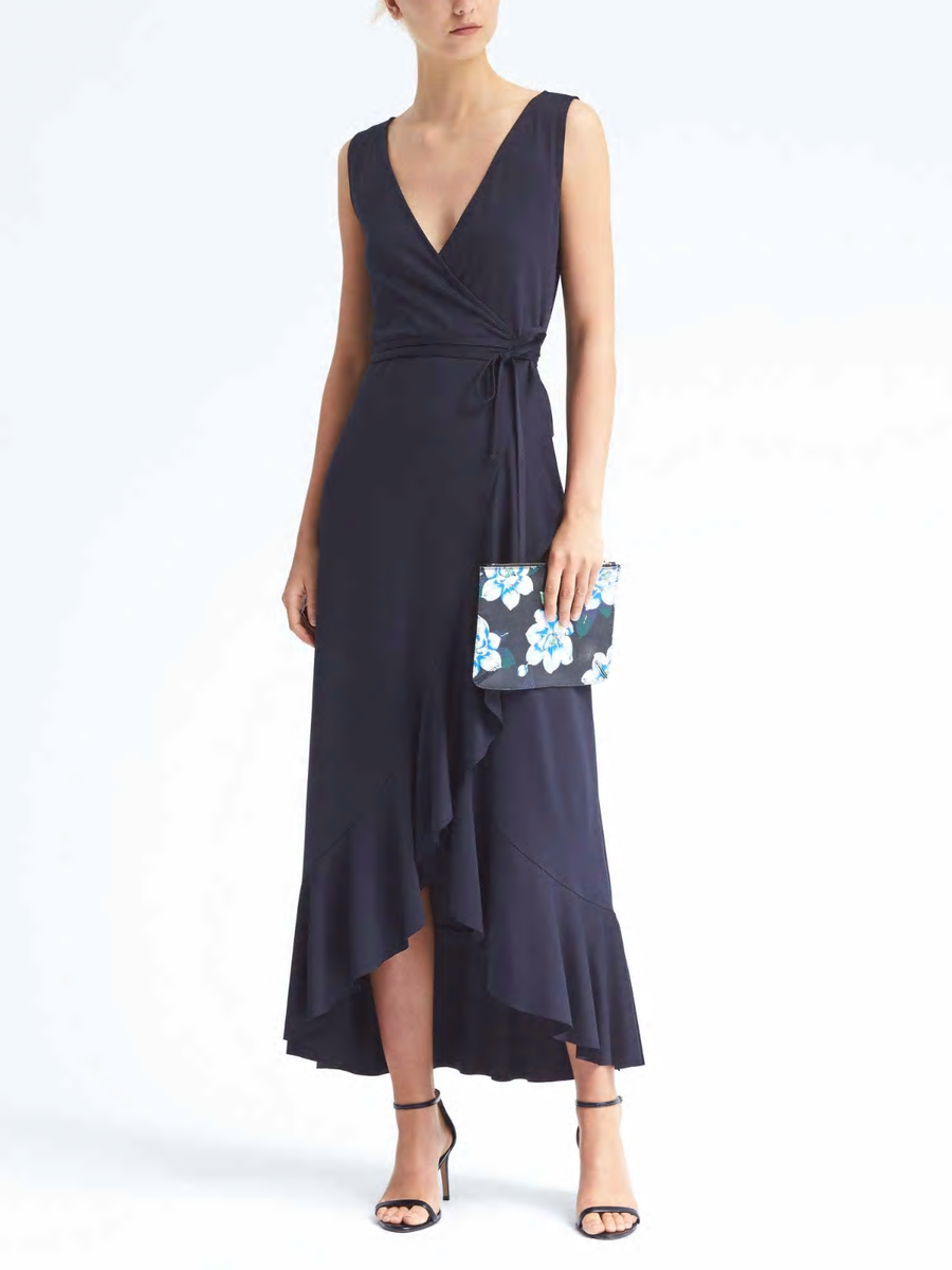 Banana Republic Ruffle-Wrap Maxi Knit Dress, Navy SIZE S #166827 T1222