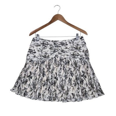 Express Pleated Mini Skirt sz M Ivory Gray Bird Floral Print Ruched Detail NWOT