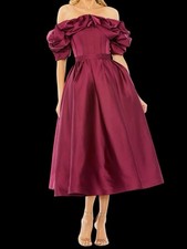 Mac Duggal Plum Satin Ruffle Off-Shoulder Midi Dress Puff Sleeves Tea Length NWT