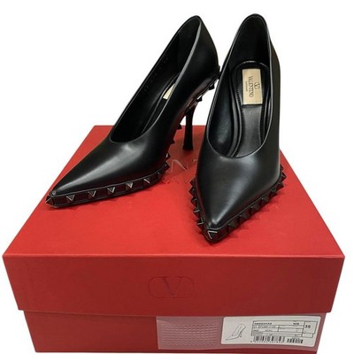 VALENTINO GARAVANI Women Rockstud Pumps Leather High Heel Size 35 Black