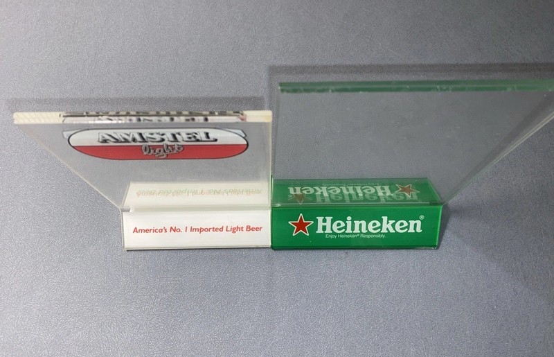 Heineken Amstel 2 Pc Lot Beer Bar Table Toppers Acrylic Menu Holders 2000 Ads