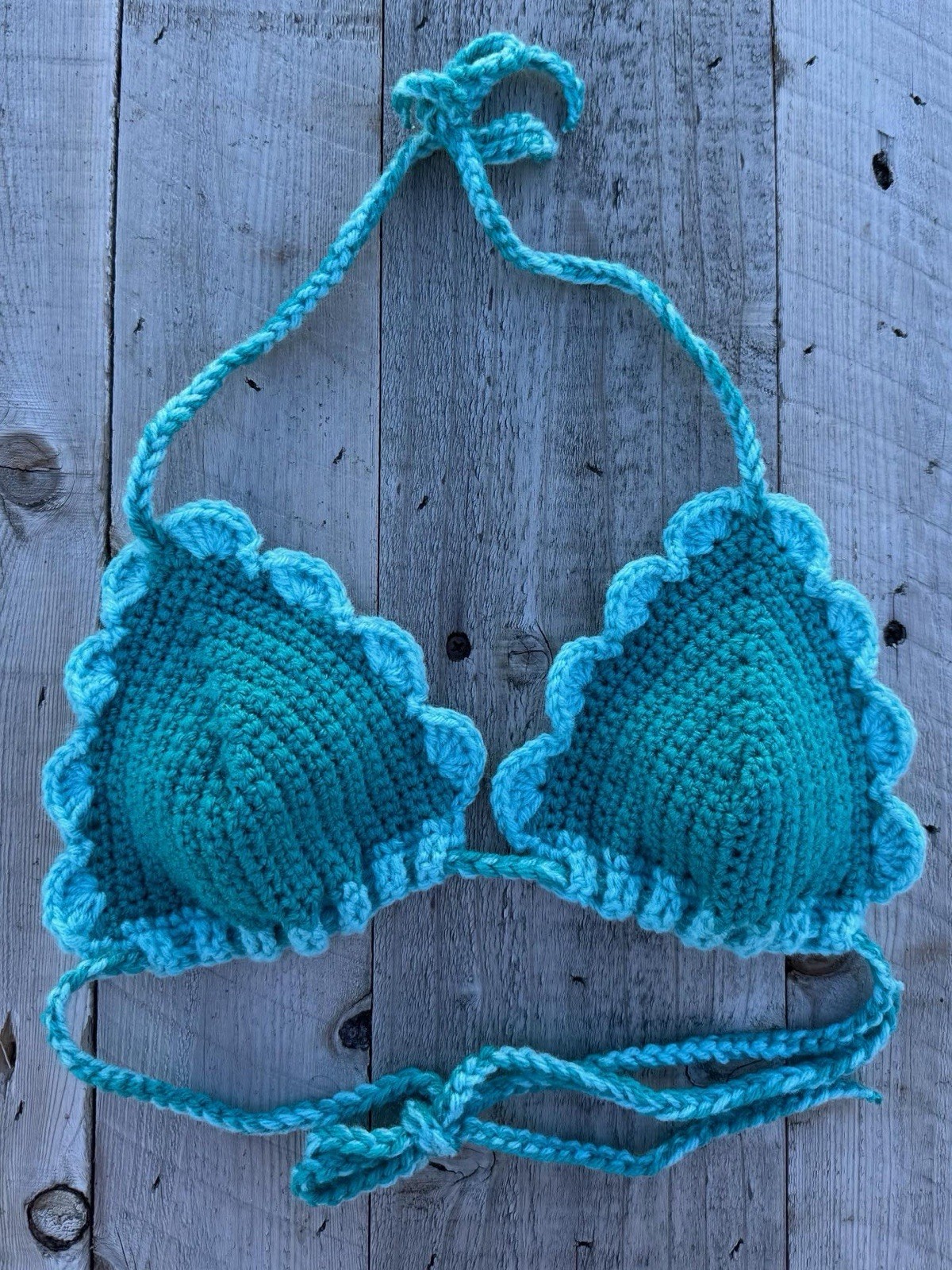 Handmade Crochet Bikini Top Teal and Turquoise Size Small NEW