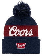 Coors Banquet Pom Pom Beanie - Coors Beer Logo Knit Hat Navy/Burgundy 
