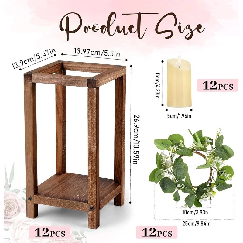 Juego de linternas de madera con velas LED coronas de eucalipto centros de mesa rústicos decoración Foto 3 de 4