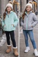 Girls Jacket SZ 10/12 Reversible Sherpa Fleece Puffer Coat Full Zip Youth EUC