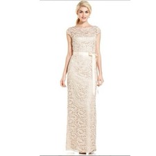 Adrianna Papell Lace Gown Dress Sz 6 Champagne Beige Maxi Formal Wedding READ