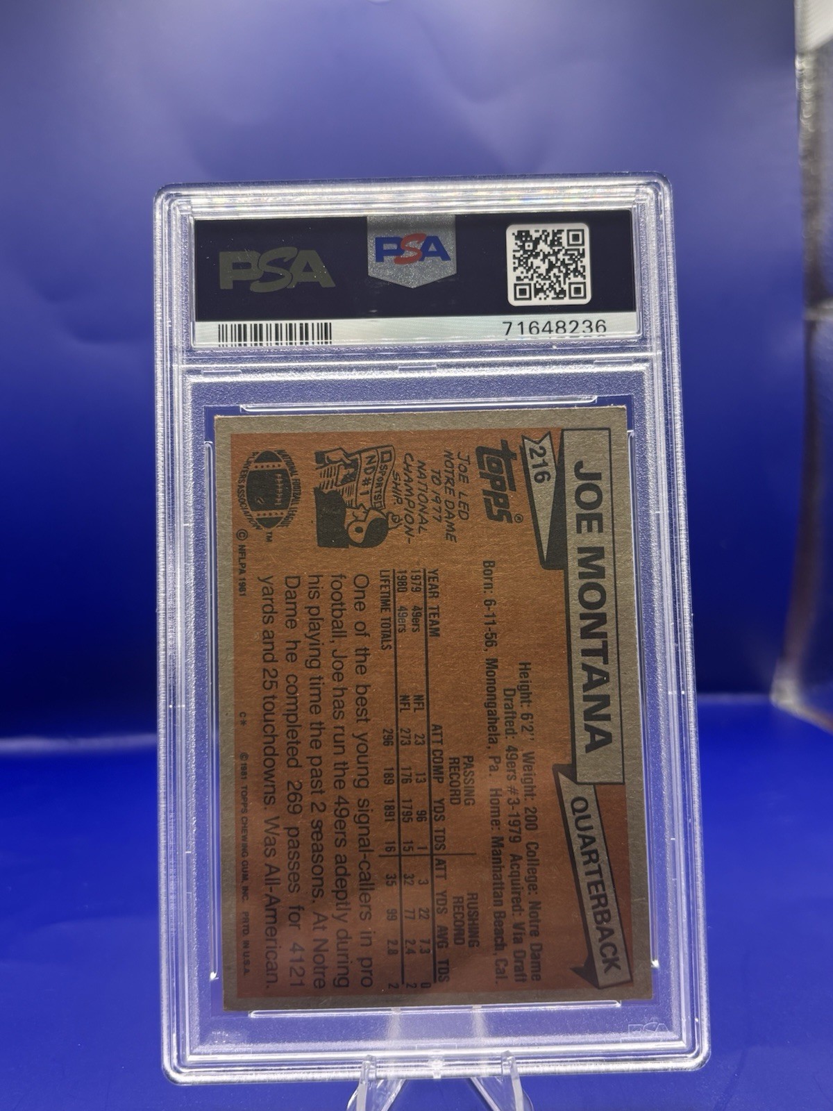 1981 Topps Joe Montana Rookie #216 PSA 3 Base Set San Francisco 49ers NFL view 3
