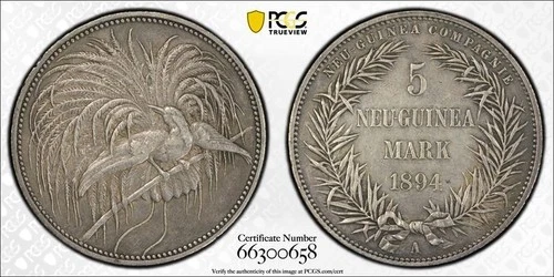 Z7 German New Guinea 1894-A Silver 5 Marks PCGS XF Details