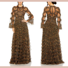 NWT MAC DUGGAL [ 16 ] 8044 Long Flutter Sleeve Ruffle Tiered Gown Brown #S1928