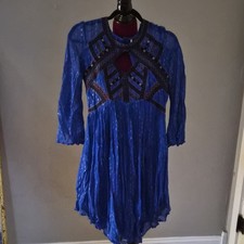 Free People Blue Embroidered Fit & Flare Dress Keyhole Neck Long Sleeve XS