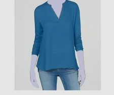 I.n.c.International Concepts Women's Blue Mixed-Materials Split-Neck Top Size L