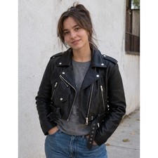Vintage Leather Moto Biker Jacket Cropped Zippered Belted Distressed