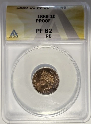 1889 Indian Head Cent 1¢ ANACS PF62RB 🌈PURPLES & REDS PROOF TONER‼️