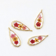 4PCS Gold Tone Dried Pressed Flower Resin Teardrop Shape Charm Pendant GBY1434