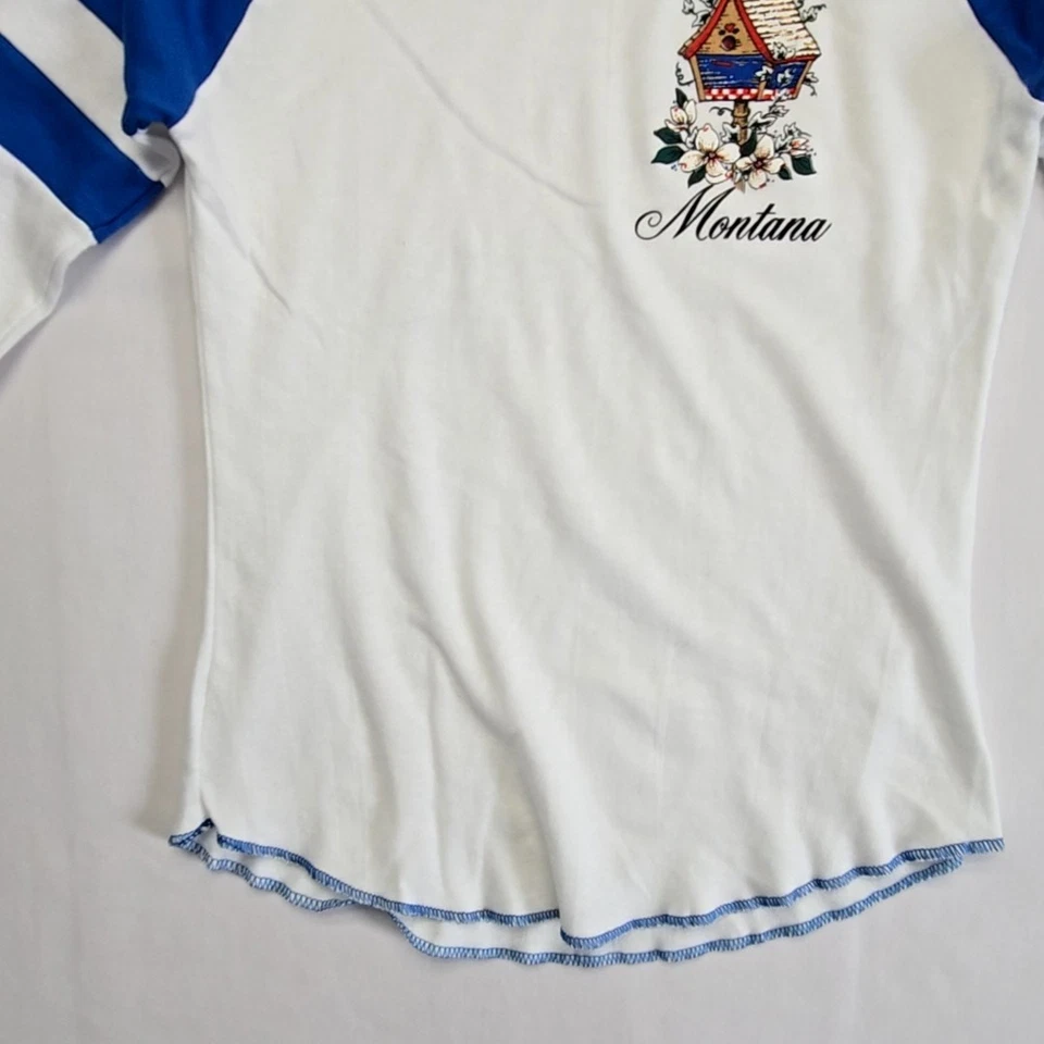复古 Montana Raglan 衬衫女式小号鸟屋图案蓝色白色 T 恤 — 第 3/4 张图片