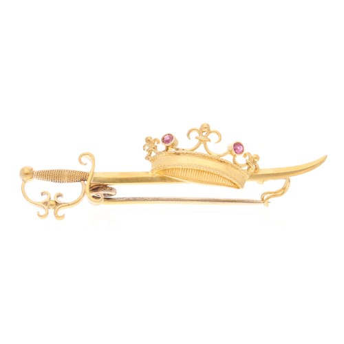 15Carat Yellow Gold Ruby Crown & Sword Brooch (48x18mm)