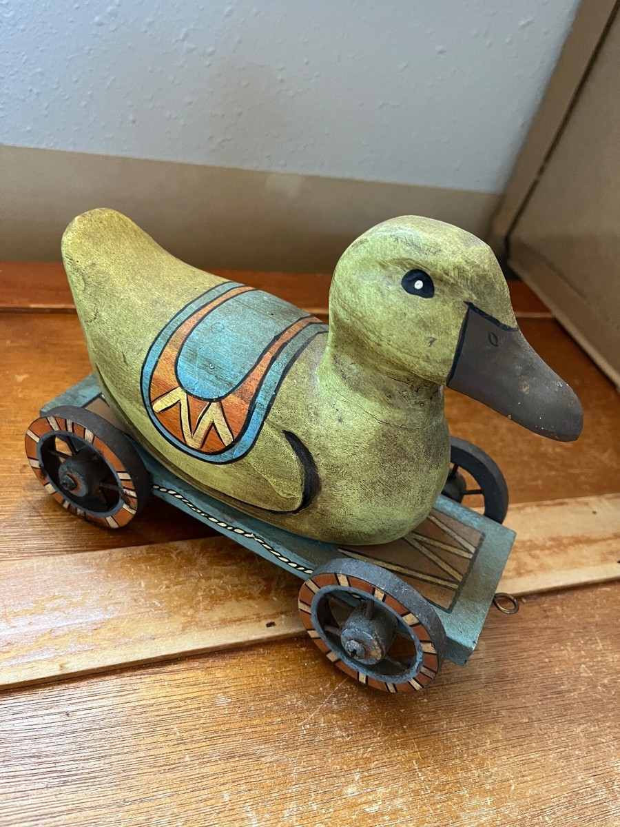 Faux Carved Wood Hollow Resin Yellow Duck w Wheels Primitive
