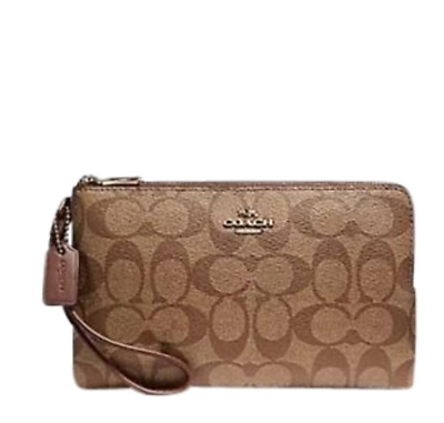 New Coach Double Zip Wallet Signature F16109 Khaki/Saddle Wristlet