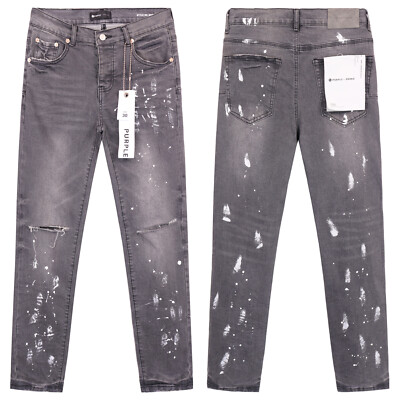 Grey Purple Brand Men's Designer Splash-Ink Painting Slim Fit Washed Jeans