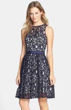 Eliza J Illusion Yoke Lace Belted Fit & Flare Dress   Sz 12 *673  