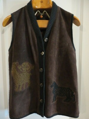 90's “ORVIS” Special Leather Vest TORRAS Brown Suede Front Wool Acrylic Back Sleeveless Cardigan