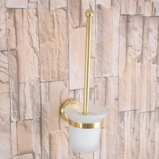 Bathroom Wall Mounted Golden Brass Toilet Brush Holder Set w/ Scrub Glass 2ba596