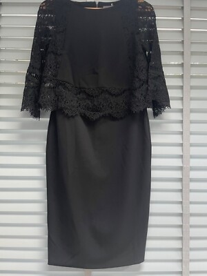 Neuwertiges schwarzes Spitzenkleid Samt UK 10 Lagenlook Smart Etuikleid Anlass Stretch Bleistift