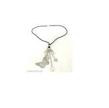 NEW GUESS BLACK LONG BAND,SILVER TONE HEART,BUTTERFLY+MULTI CHARM NECKLACE