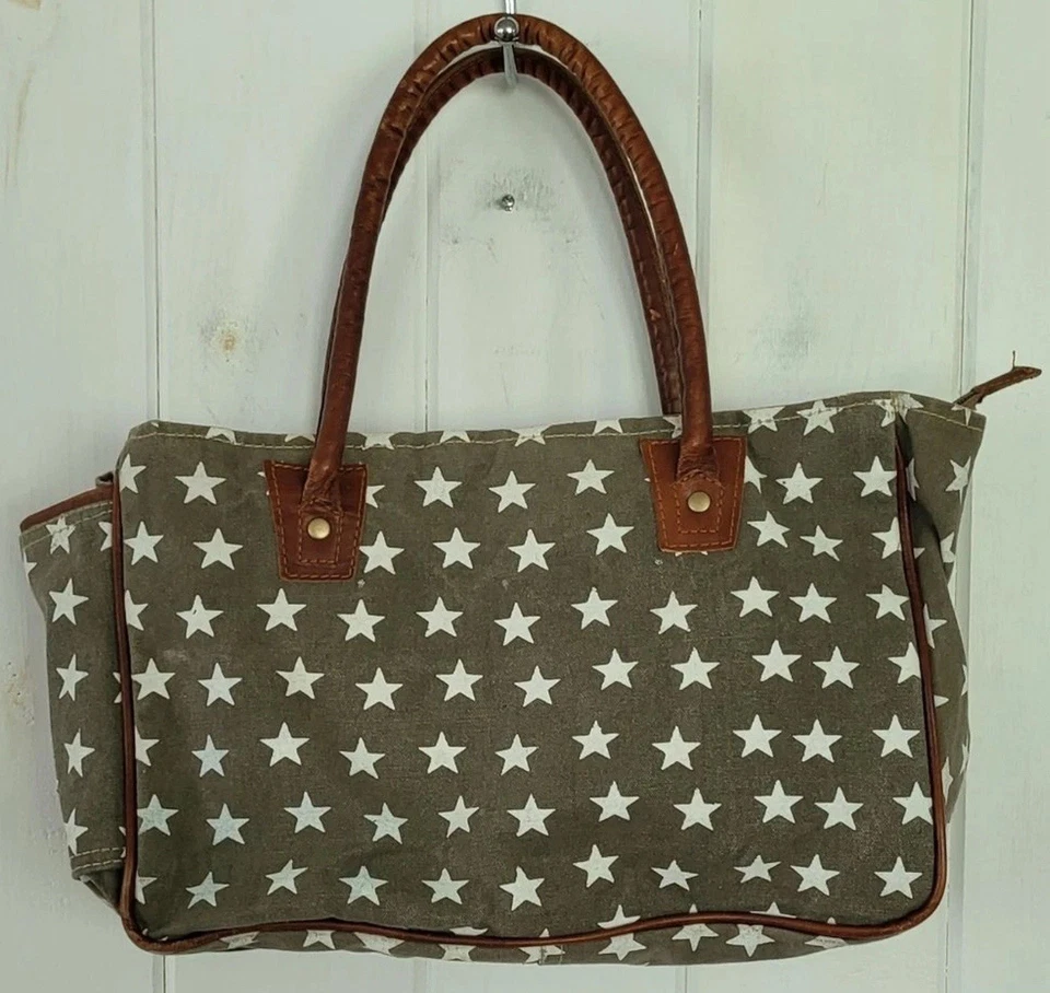 Myra Bag Canvas Army Green Cotton Tote Bag Freedom Of Stars Purse S-1048 VGC - Image 3 of 4