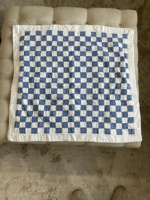 Ralph Lauren Euro Pillow Shams Postage Stamp Quilted Blue White Patchwork