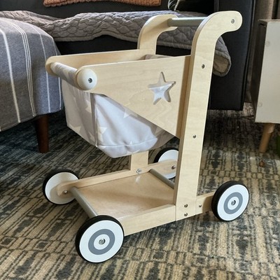 Wooden Doll Stroller Push Cart w/ Gray Star Fabric Seat Basket
